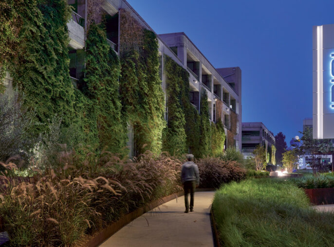 Twilight view of a modern building's exterior walkway lined with lush vertical gardens and ornamental grasses, emphasizing sustainable design and urban greenery integration.
