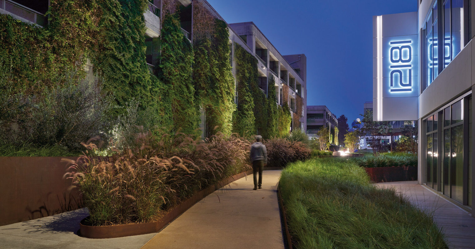 Urban oasis: a tranquil evening stroll by modern architecture adorned with lush vertical gardens and soft ambient lighting.