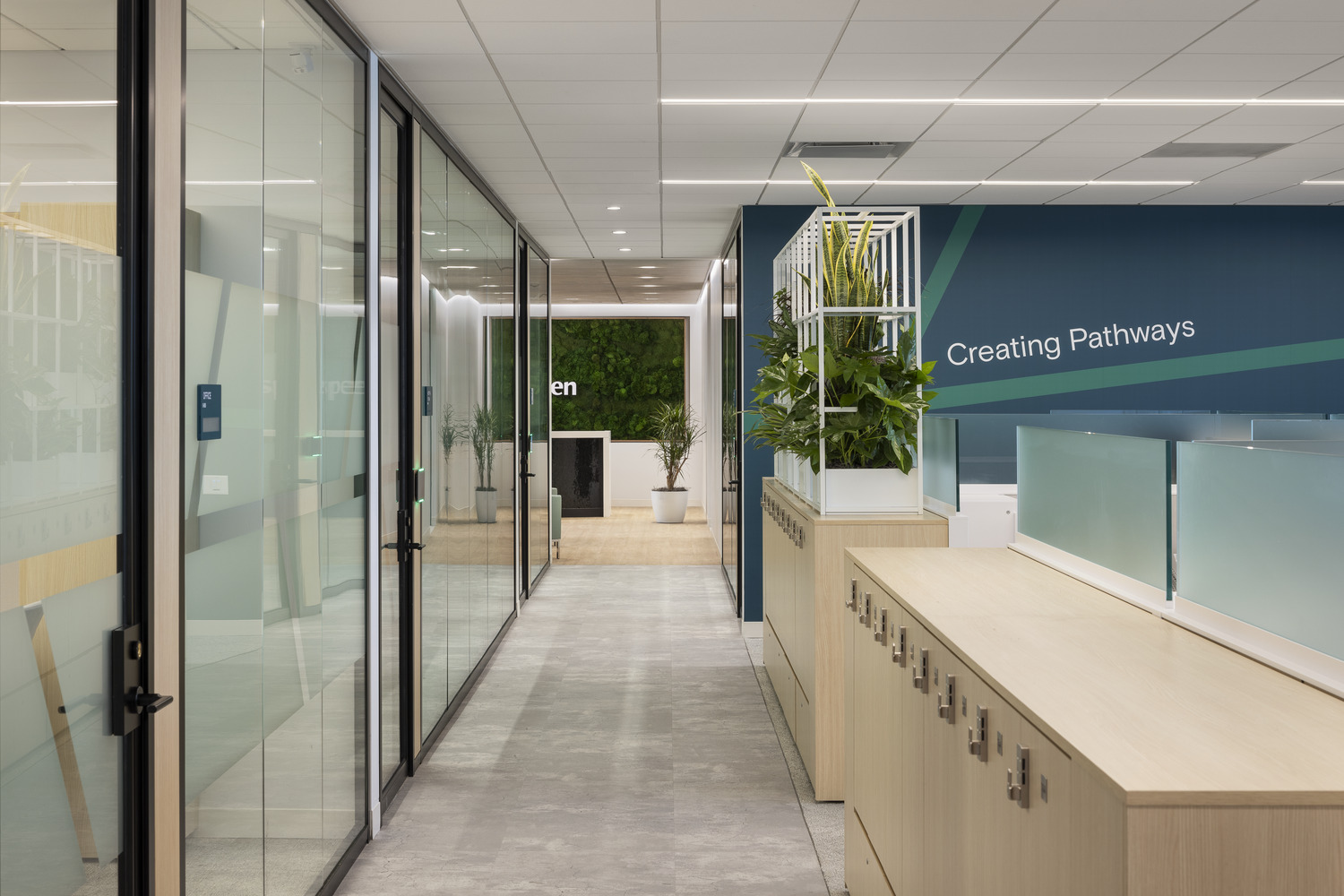 The interior of a modern office corridor illuminated by clean, linear lighting. The floor is tiled with large, gray slabs that lead past wood-trimmed glass walls, focusing on transparent and natural elements. Lush greenery adorns several areas, with large potted plants on minimalist white cabinets. The wall is boldly marked with "Creating Pathways" in a modern font, set against a deep teal backdrop, enhancing the environment's contemporary and welcoming aesthetic.