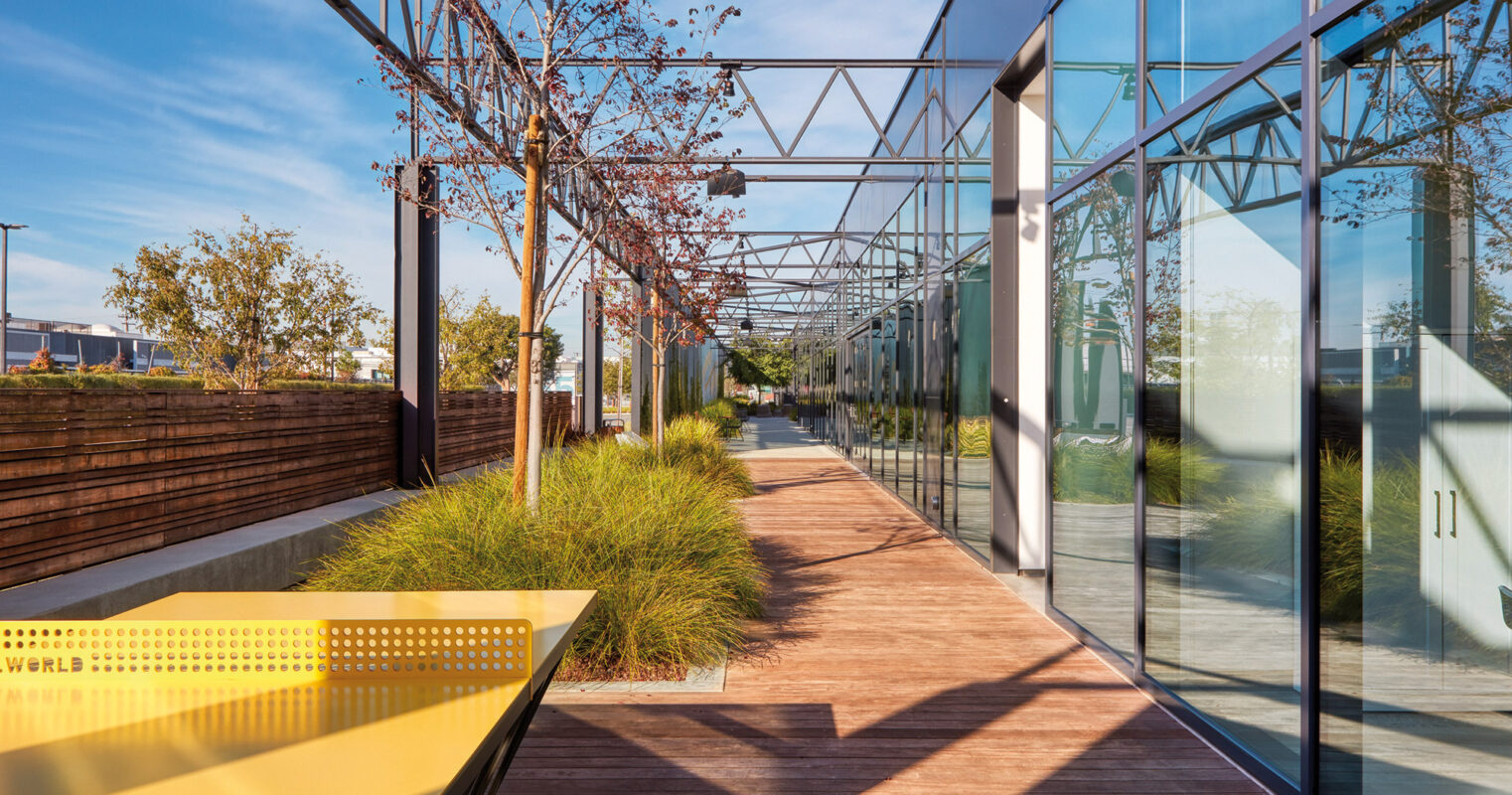 Modern outdoor walkway with a wooden path, glass panels, and geometric metal structures, complemented by greenery and contemporary yellow seating on a sunny day.