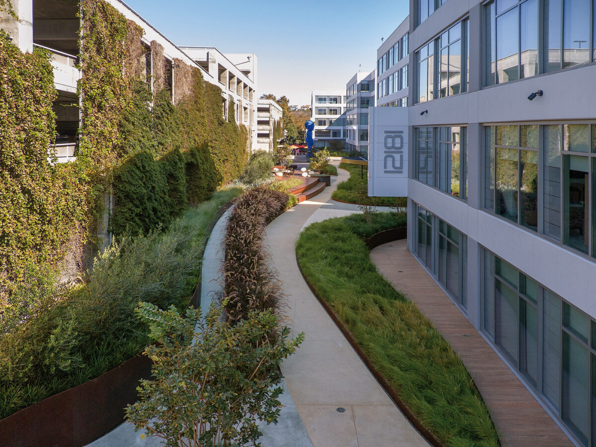 Modern office park with lush green landscaping featuring a winding pathway and contemporary architecture.