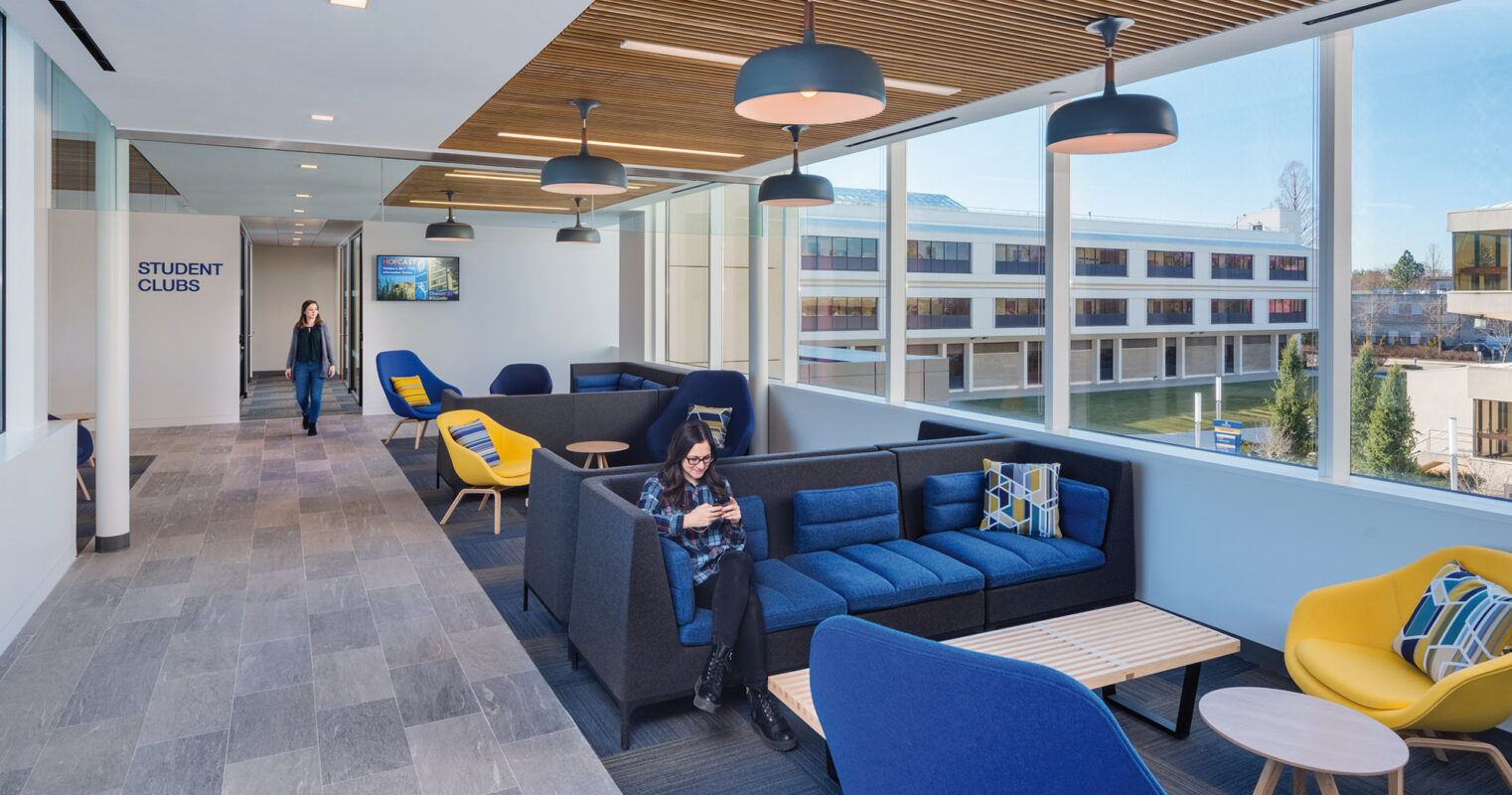 Modern open-plan student lounge featuring navy and yellow accent furniture, wood slat ceilings with pendant lighting, and expansive windows providing abundant natural light and a view of the surrounding campus.