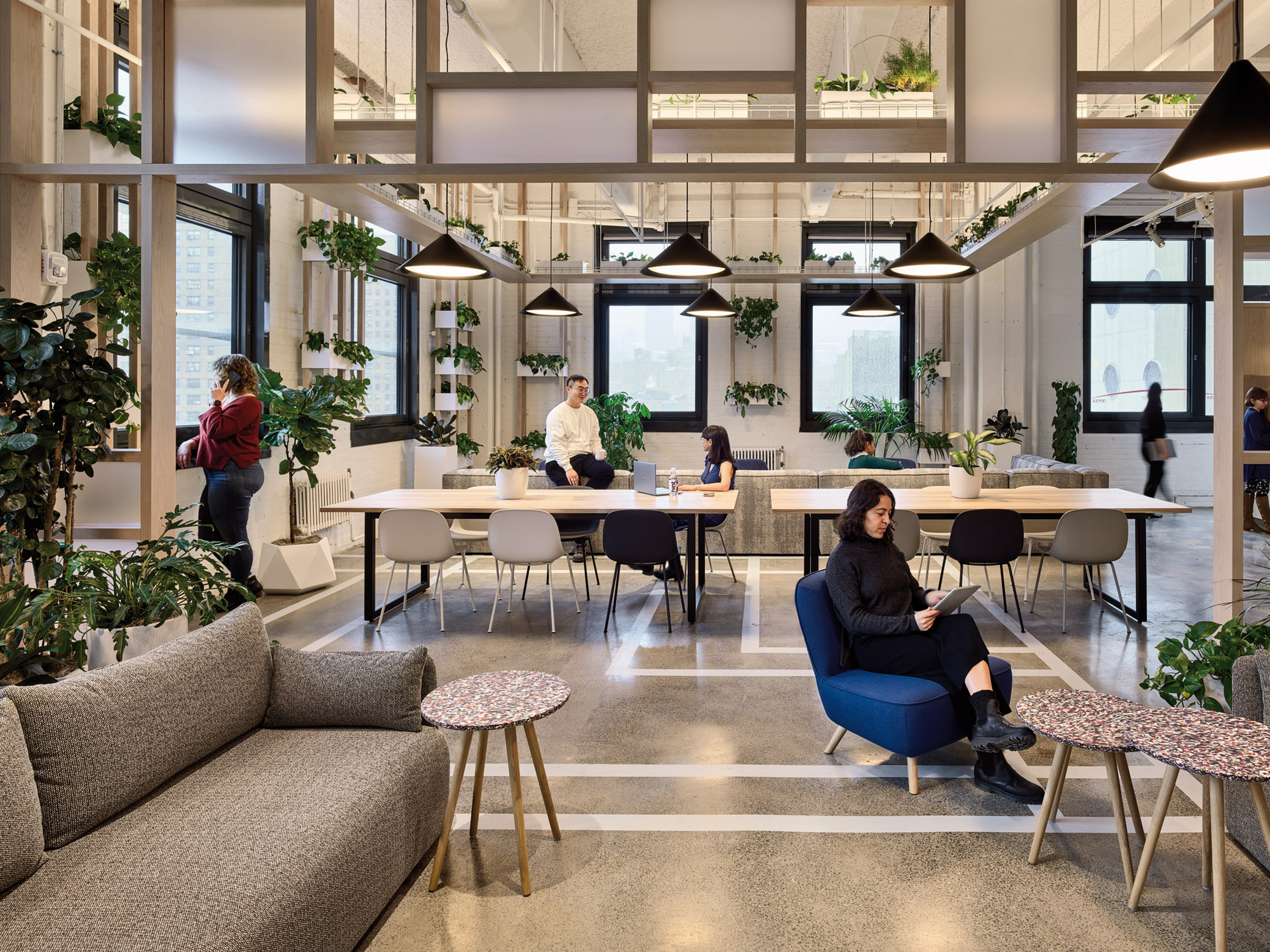 Interior, open plan office space with lots of lush green plants