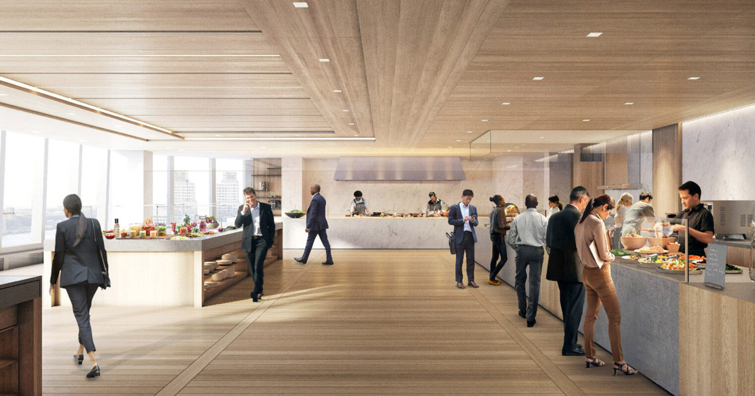 Modern office break room featuring a wooden plank ceiling and floor, complemented by neutral-tone cabinets and furniture. Large windows provide ample natural light, enhancing the warm and inviting atmosphere for collegial interactions.