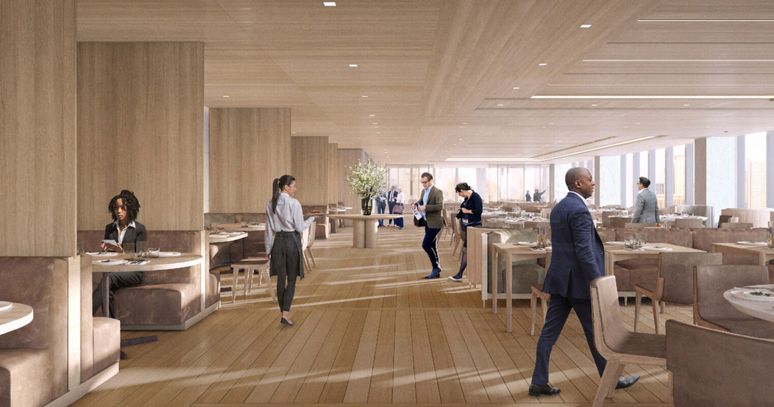 Elegantly designed modern restaurant interior with open-plan seating, warm wooden floors, and paneling. Natural light floods the space, highlighting the minimalist furniture and the subtle earth-toned color palette, creating a harmonious and upscale dining atmosphere.