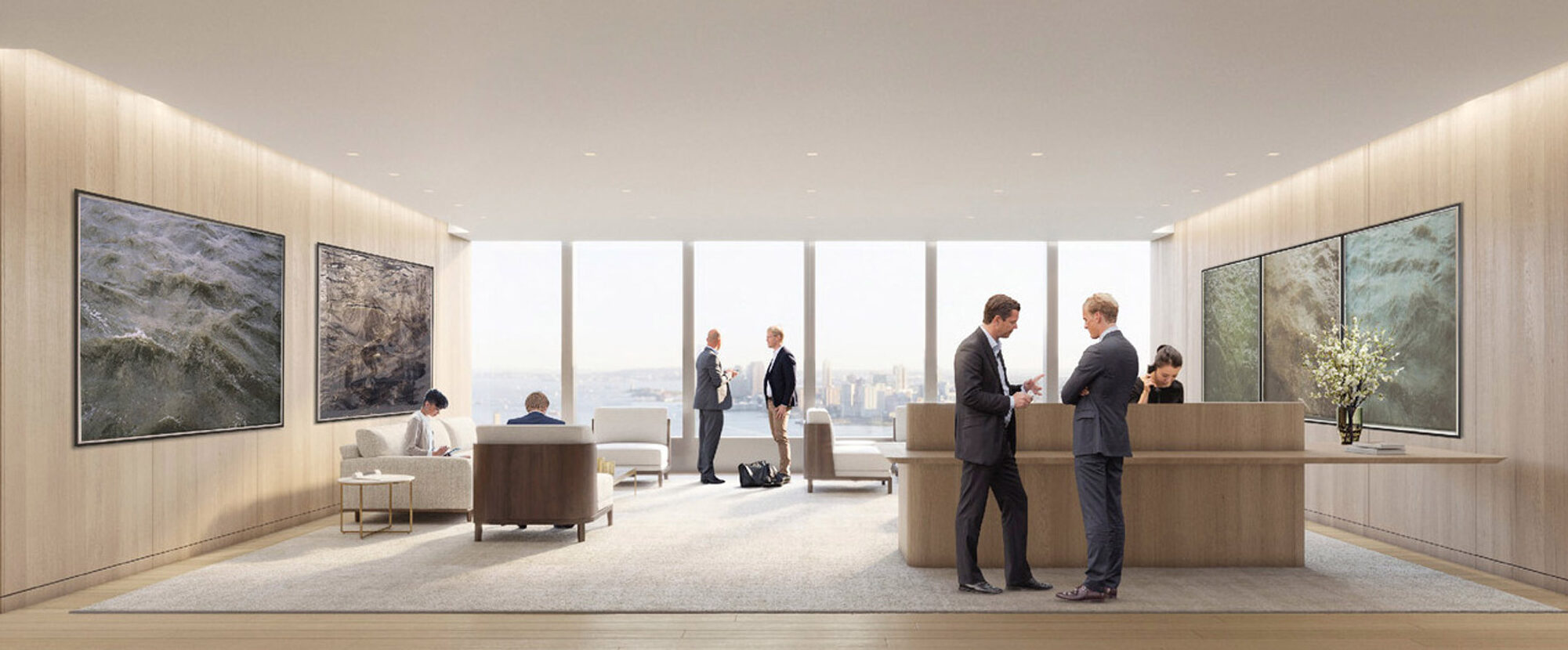 Minimalist modern office lobby with wide plank flooring and a neutral color palette. Two large landscape paintings adorn the walls, enhancing the natural light from the expansive windows overlooking a cityscape. Sleek, low-profile furniture offers a welcoming yet sophisticated atmosphere.