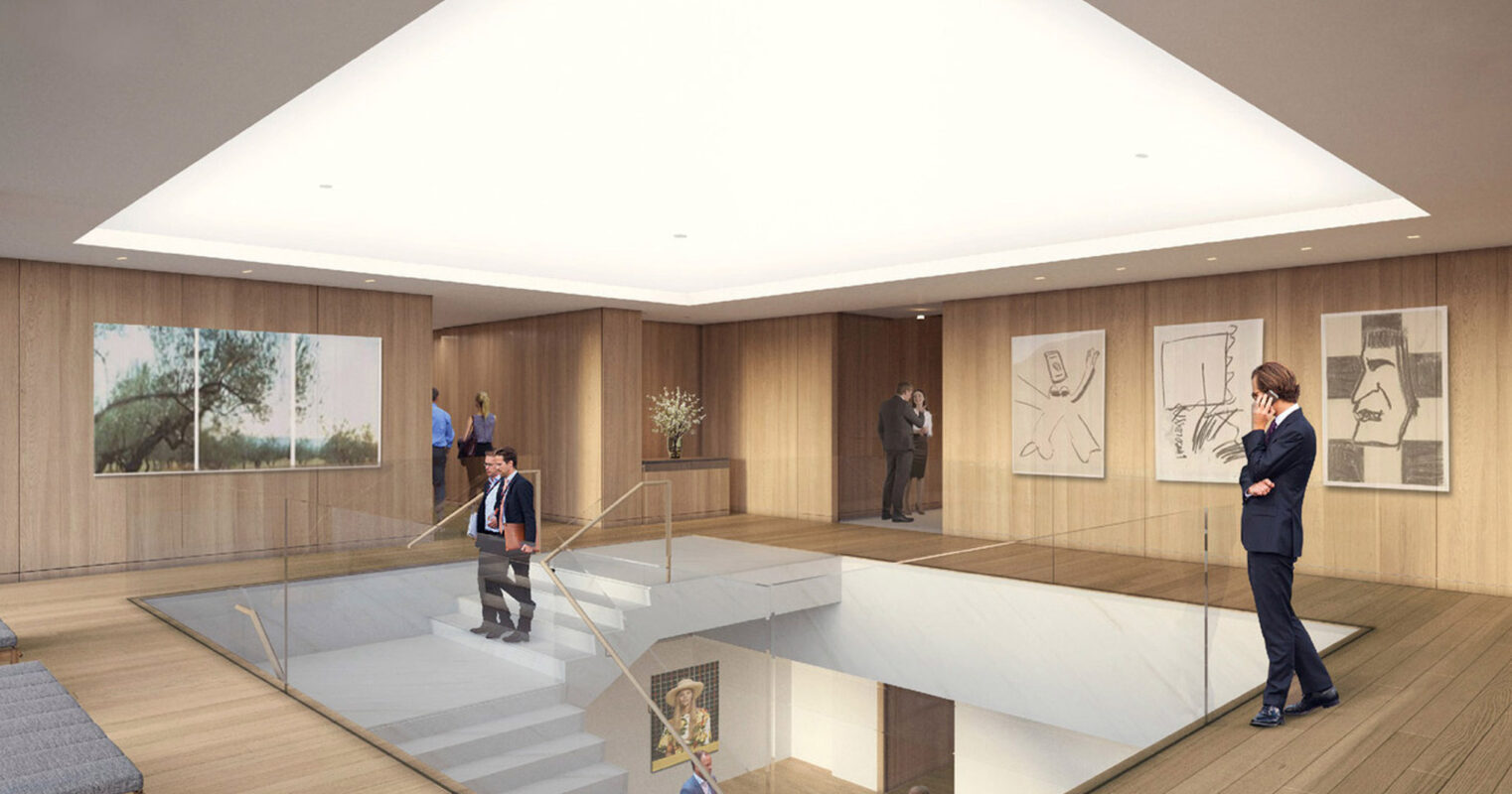 Modern interior features a geometric skylight, wood paneling, and a central glass floor with a mirrored ceiling below, creating a striking visual depth. Artwork adorns the walls while individuals observe the space, highlighting the integration of natural light and reflective surfaces in contemporary design.