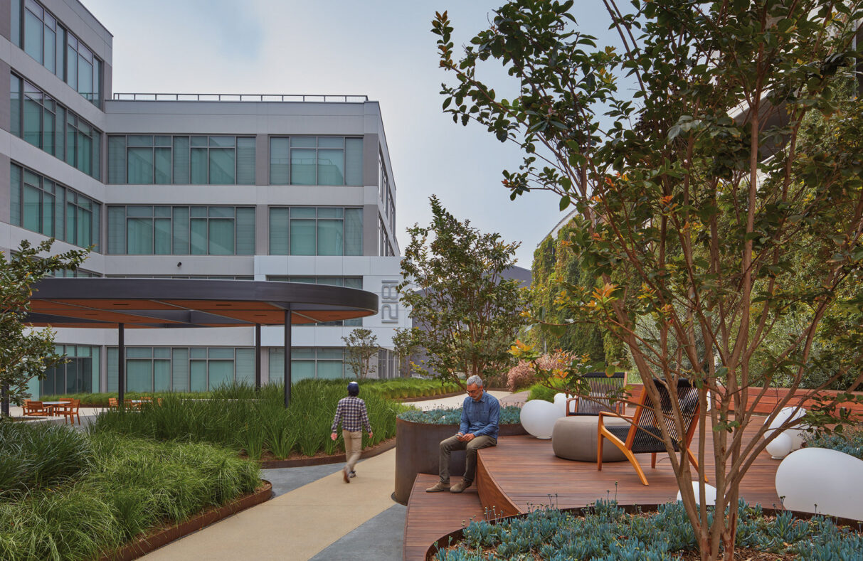 Exterior of buildings and landscaping of The Bluffs in California. Green plants and trees surround a walking path