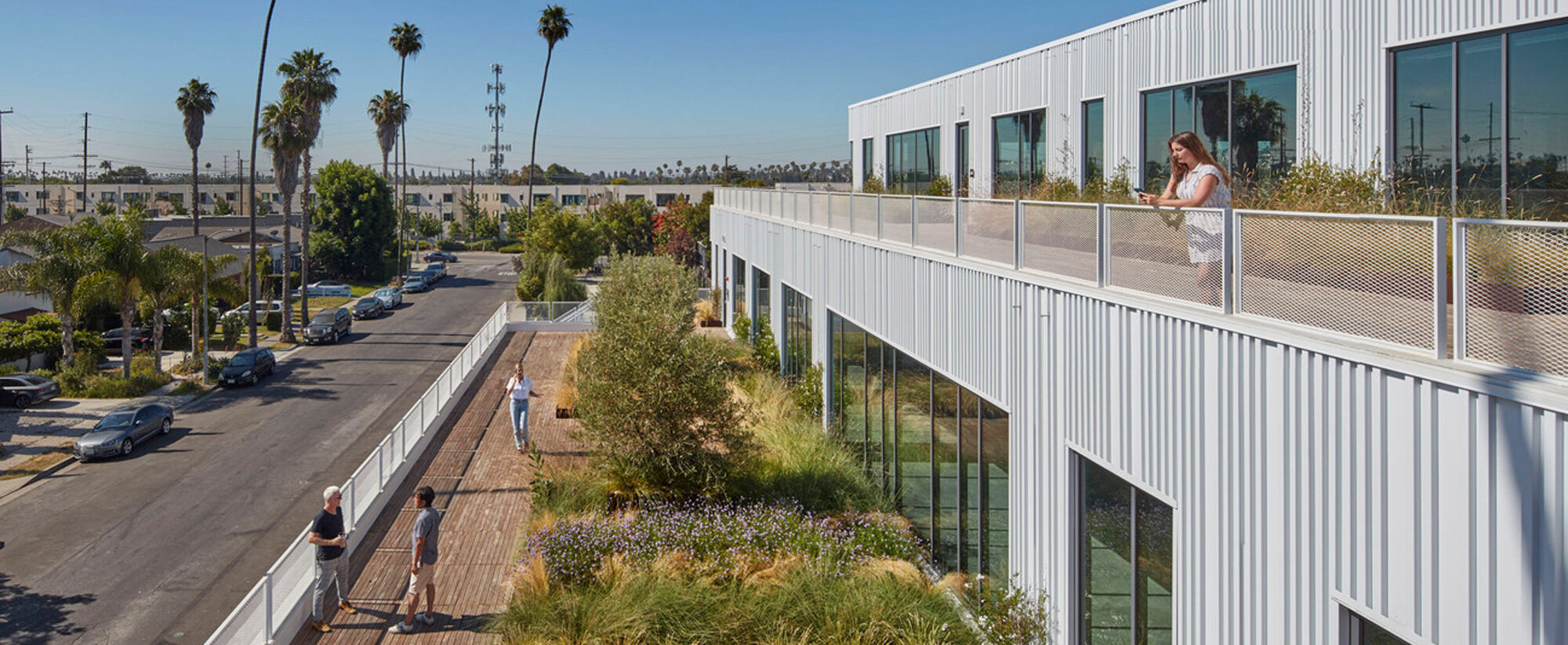 Modern commercial building with a rooftop garden and boardwalk boasting sustainable architecture. Corrugated metal cladding juxtaposes with wooden decking and lush greenery, offering an urban oasis against a backdrop of palm trees and a clear sky.