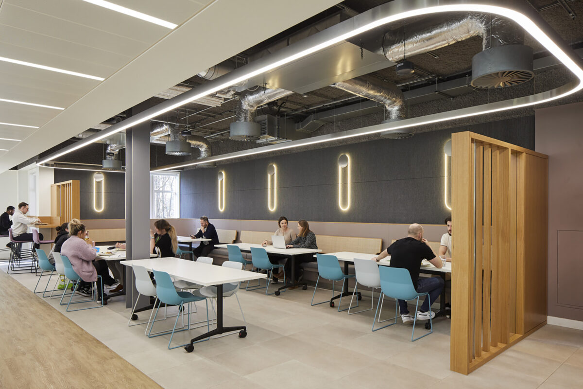 Modern open-plan workspace featuring a blend of collaborative and individual seating arrangements. Sleek blue chairs complement light wood surfaces, while linear LED lighting enhances the contemporary feel. Acoustic panels provide sound absorption, creating a productive environment for both quiet work and group discussions.