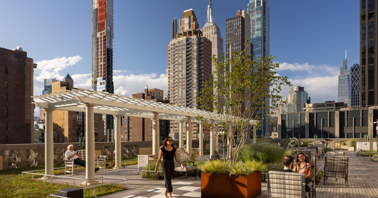 A modern urban rooftop garden features a landscaped area with lush greenery and comfortable seating arrangements. Patrons enjoy leisurely conversations under a pergola, with the iconic New York skyline providing a stunning backdrop of skyscrapers, blending nature with contemporary architecture for a vibrant city experience.