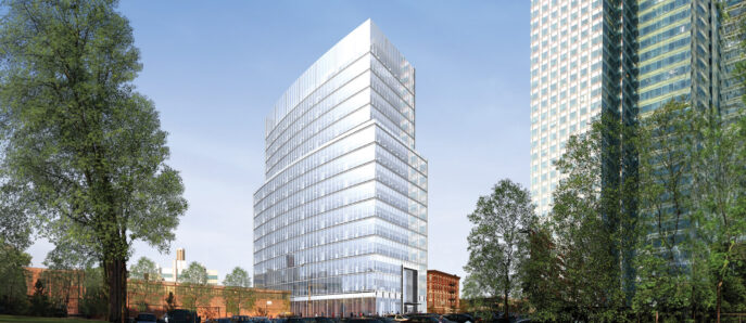 Modern multi-story building rendering with a reflective glass facade, featuring clean lines and cubic forms. Surrounded by green landscaping, the structure's transparency contrasts the adjacent traditional brick building, showcasing a blend of contemporary and historic urban architecture.