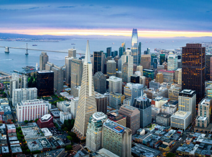 Aerial View of San Francisco Skyline at Sunrise, California, USA
