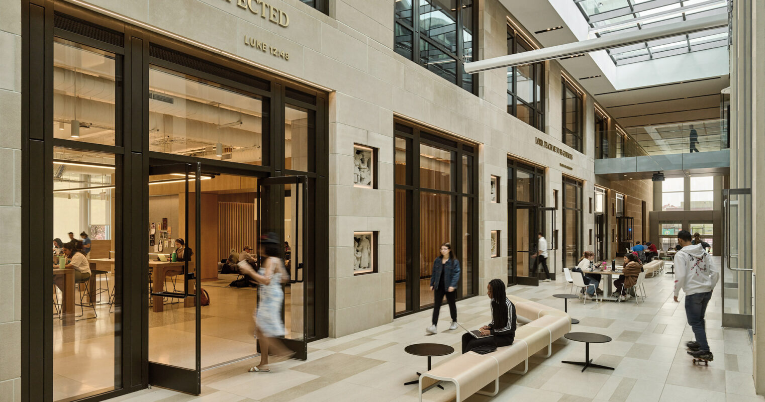 Fordham University interior with students moving about the hall
