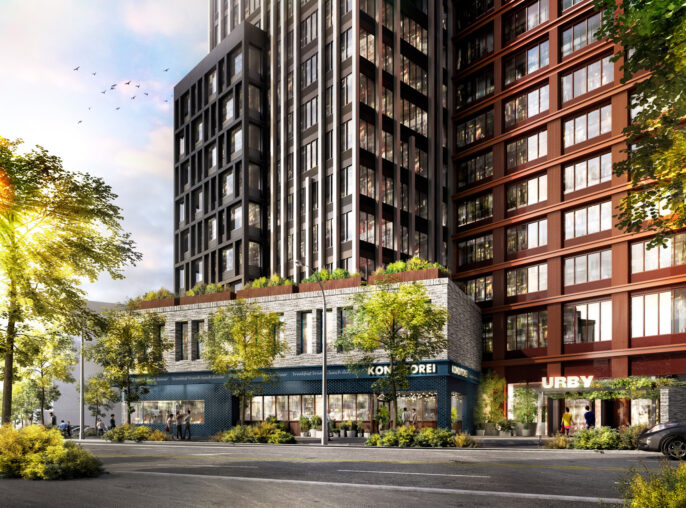 Modern mixed-use development rendering featuring a street-level commercial space with sleek glass facades beneath residential buildings of contrasting red brick and dark metal cladding. Lush green planters add a touch of nature to the urban environment.