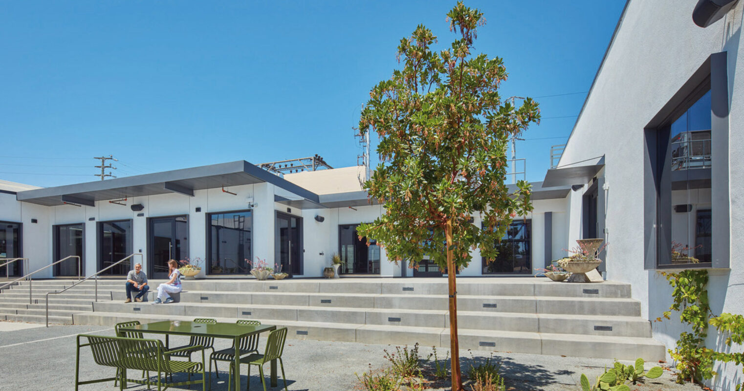 Modern courtyard space with geometric landscaping, featuring concrete steps leading to a central tree, flanked by metal benches and minimalist planters under a clear sky.
