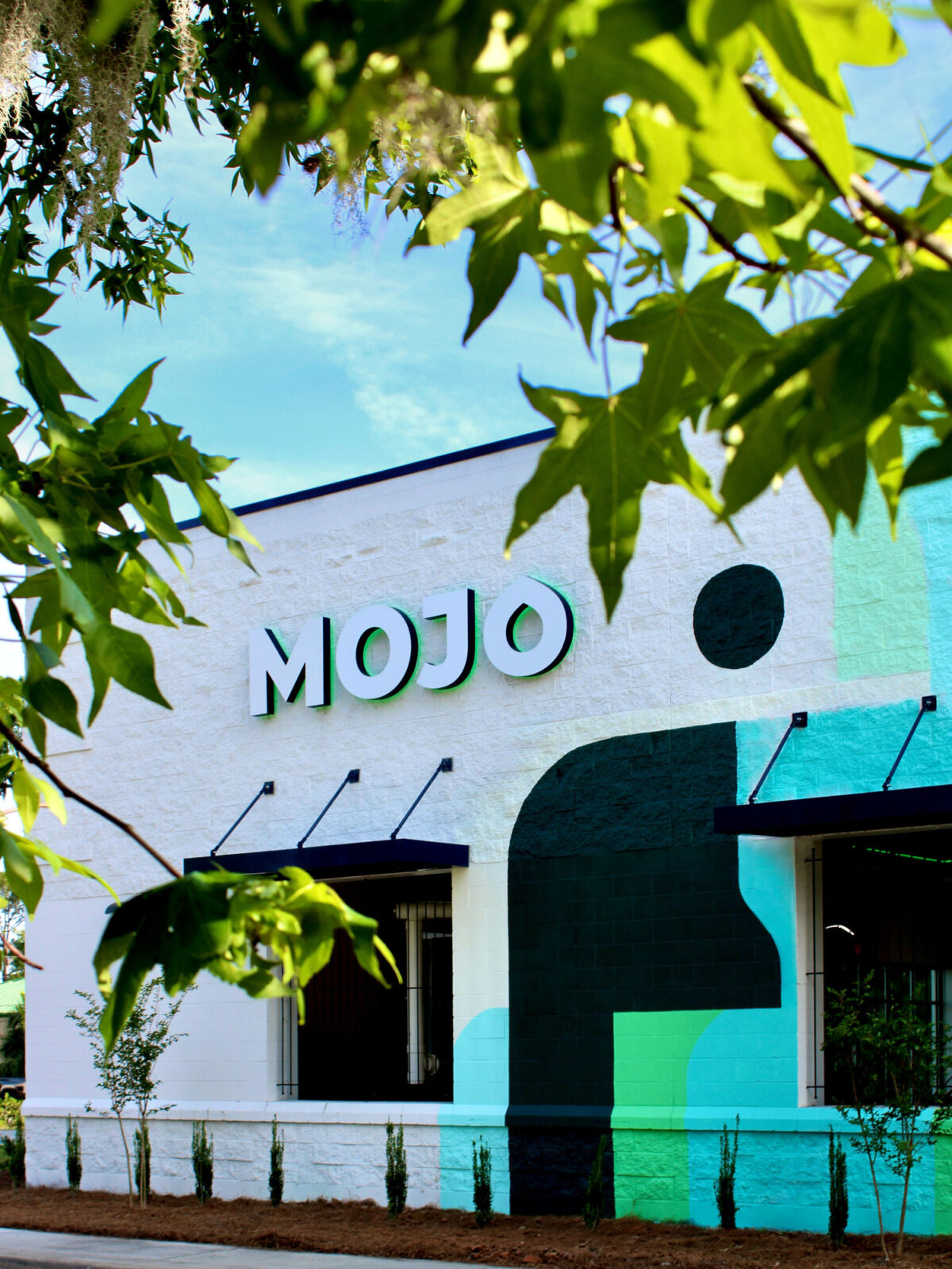 Lush foliage frames the vibrant exterior of the MOJO building, featuring a modern mural in teal and black tones that adds a dynamic visual element. The bold, contemporary typography contrasts with the textured white wall, enhancing the structure’s inviting appeal and reflecting a creative urban aesthetic.