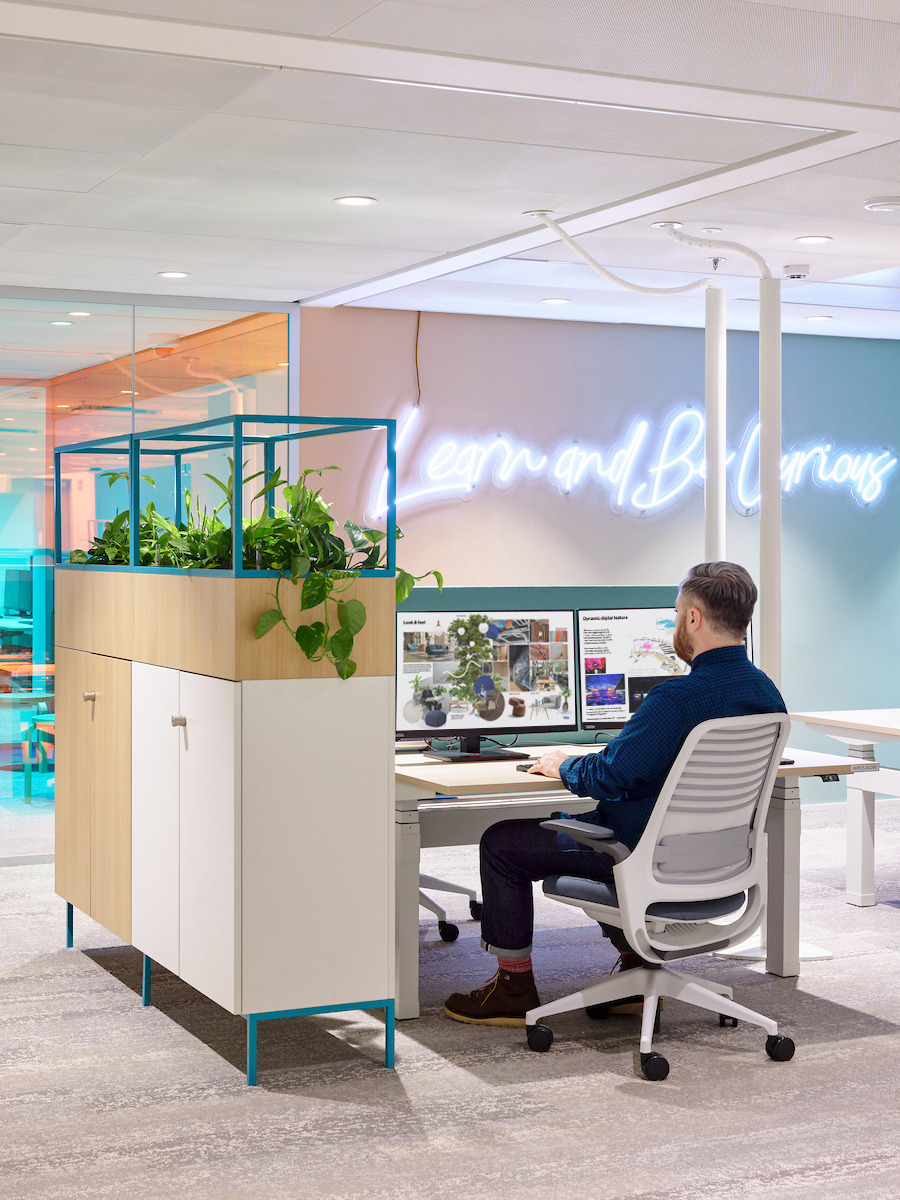 Bright, modern workspace featuring a minimalistic wooden desk with a computer, surrounded by vibrant greenery in a glass planter. A neon sign reading "Learn and Be Curious" illuminates the wall, creating an inviting environment that encourages creativity and collaboration among employees.