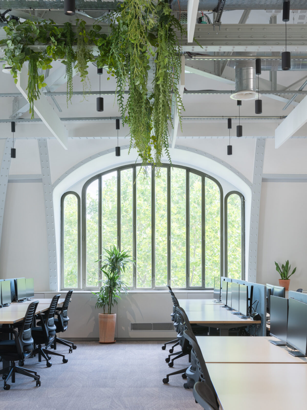 Open, modern office space featuring an expansive arched window that invites natural light and offers views of greenery outside. The interior includes contemporary workstations with ergonomic chairs and wooden tabletops, complemented by hanging plants and sleek industrial-style light fixtures, creating a vibrant and refreshing work environment.