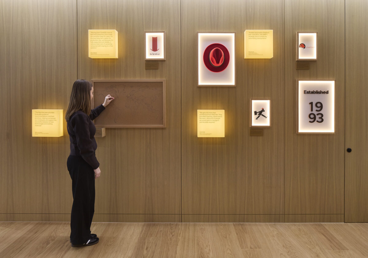 A warm wooden wall features a mix of illuminated display boxes showcasing historical quotes and design elements, including a world map and a vibrant red hat. A woman in a black outfit marks a location on the map, emphasizing an interactive and engaging design experience.